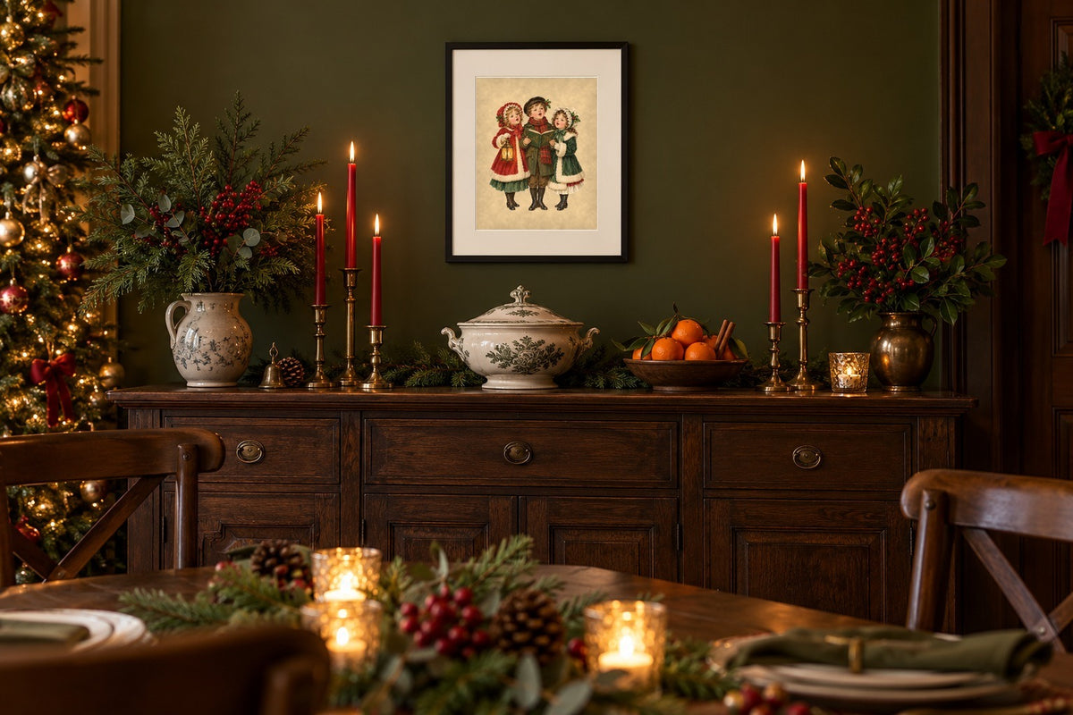Vintage Victorian Christmas carolers print framed above a dining room sideboard