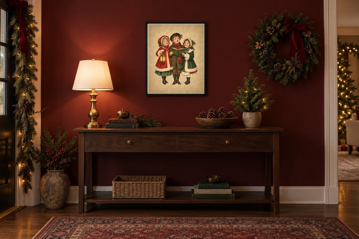 Vintage Victorian Christmas carolers print framed in a Christmas entryway above a console
