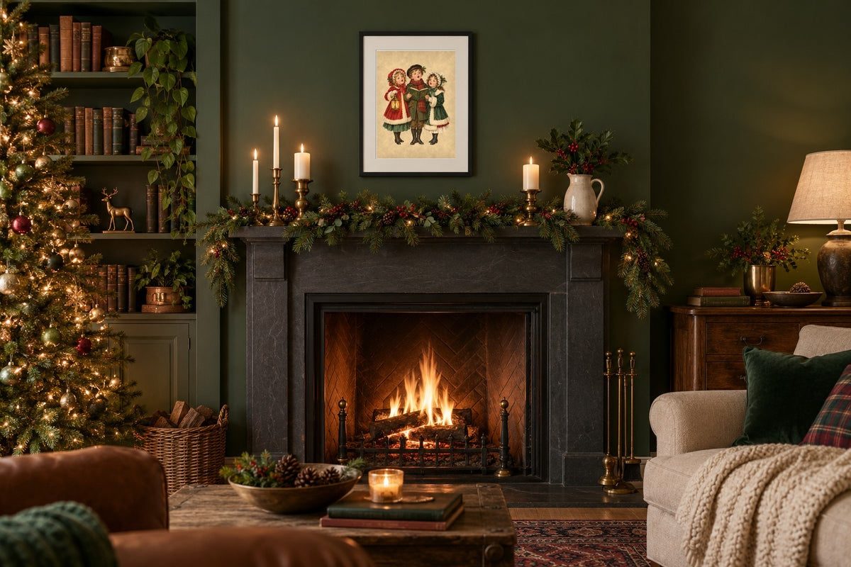 Vintage Victorian Christmas carolers print framed above a holiday fireplace mantel