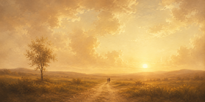 Always and Forever canvas artwork - warm golden hour meadow with two tiny figures walking a track