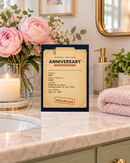 Case file anniversary card on a pretty vanity with peonies