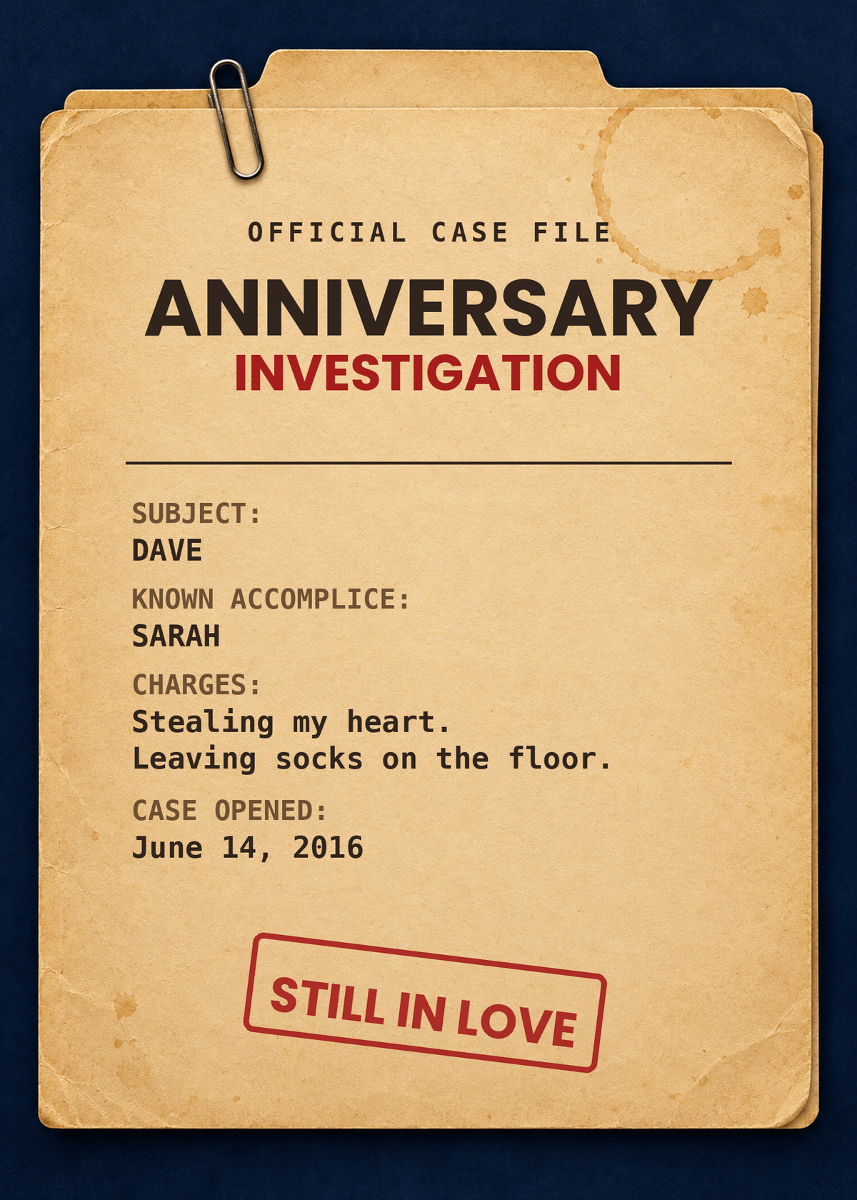 Anniversary Case File funny personalized card on a vintage manila folder