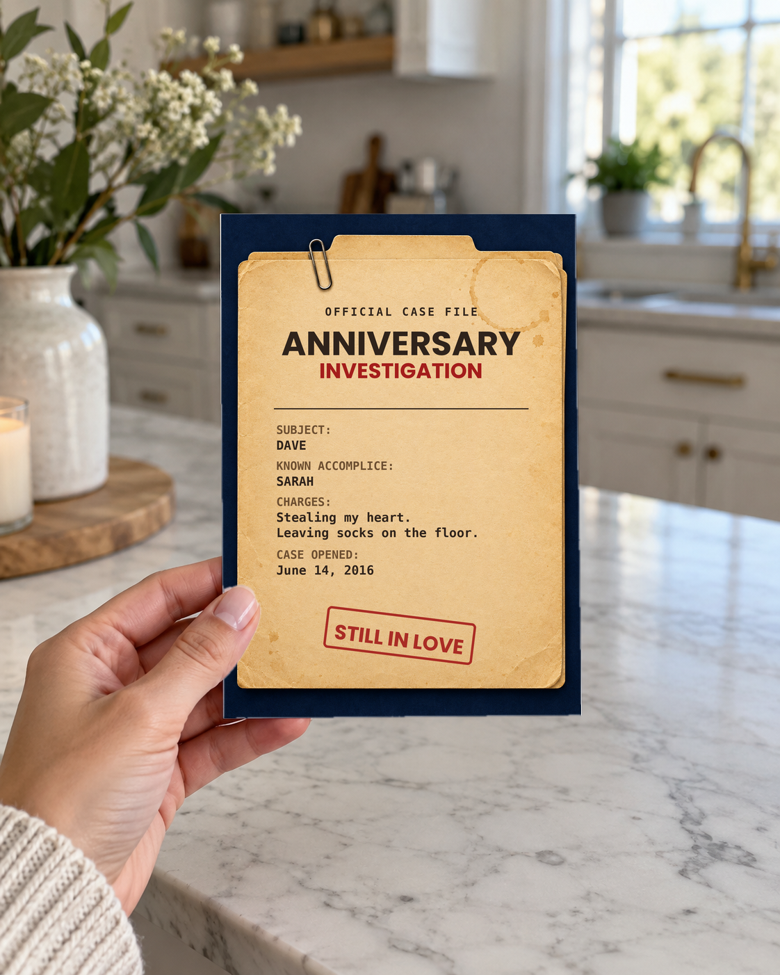 Hand holding the case file anniversary card in a kitchen