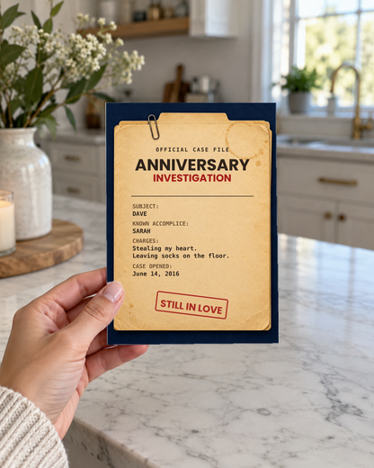 Hand holding the case file anniversary card in a kitchen