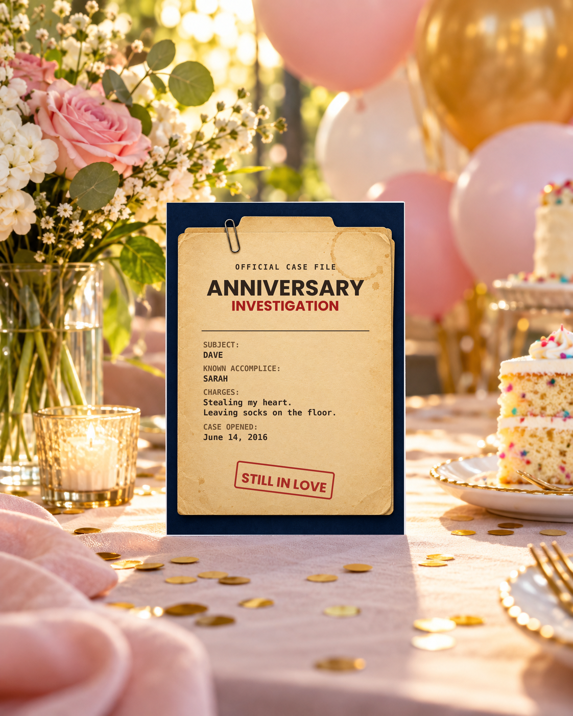 Case file anniversary card on a celebration table