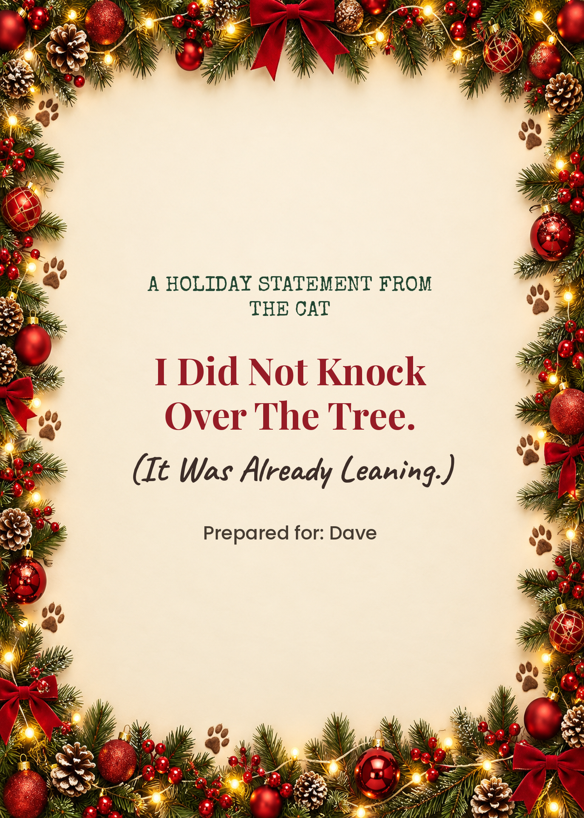Card cover: A Holiday Statement From The Cat, I Did Not Knock Over The Tree