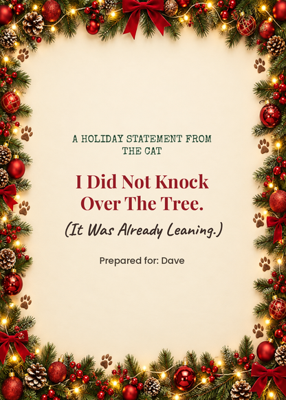 Card cover: A Holiday Statement From The Cat, I Did Not Knock Over The Tree