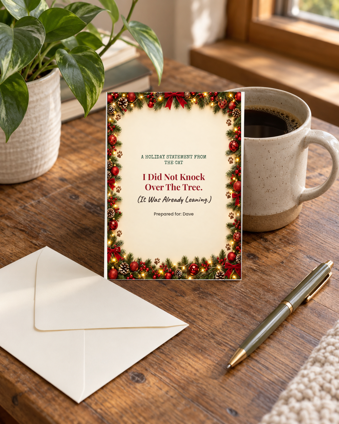 Funny cat Christmas card on desk with envelope and pen