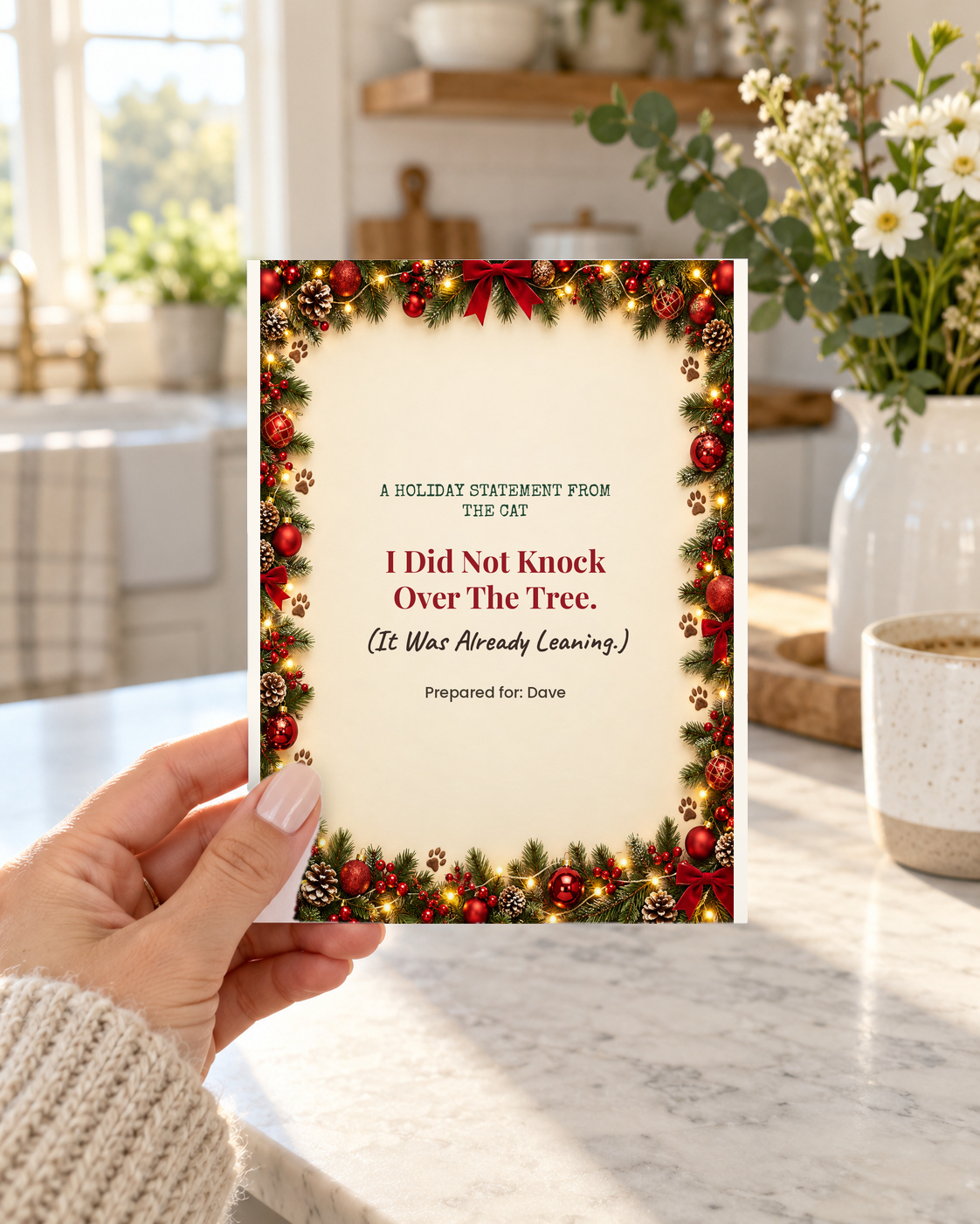 Hand holding funny Christmas card from the cat: I Did Not Knock Over The Tree