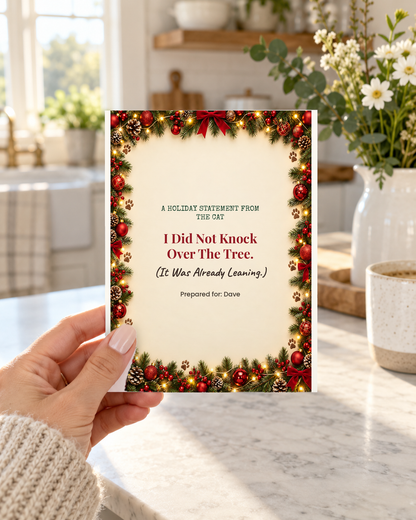 Hand holding funny Christmas card from the cat: I Did Not Knock Over The Tree
