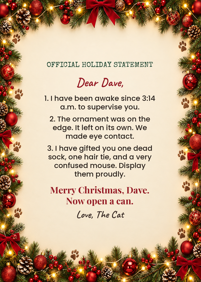 Card inside: official holiday statement from the cat with three funny confessions
