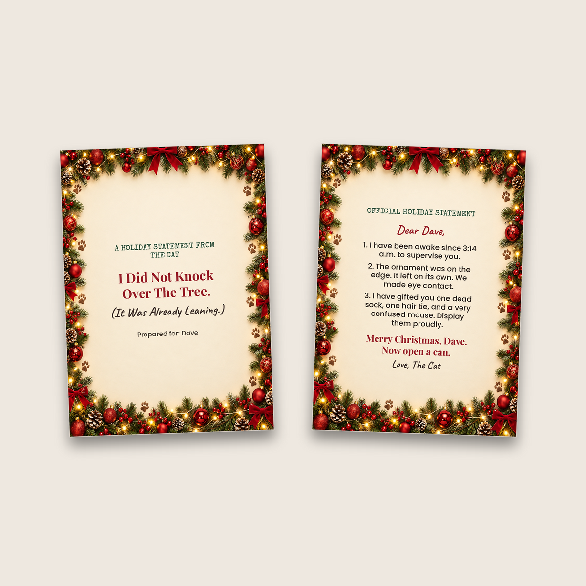 Funny cat Christmas card cover and inside side by side