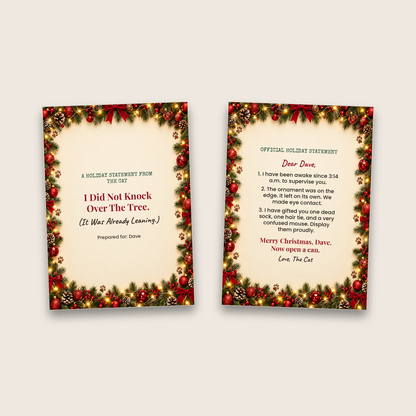 Funny cat Christmas card cover and inside side by side