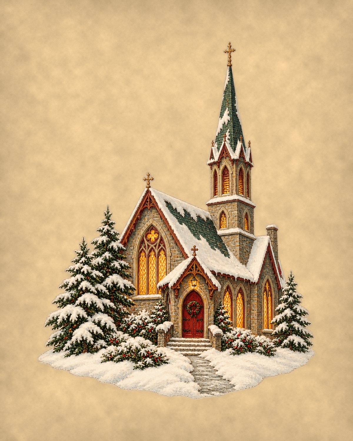 Vintage Christmas country church flat art on warm parchment