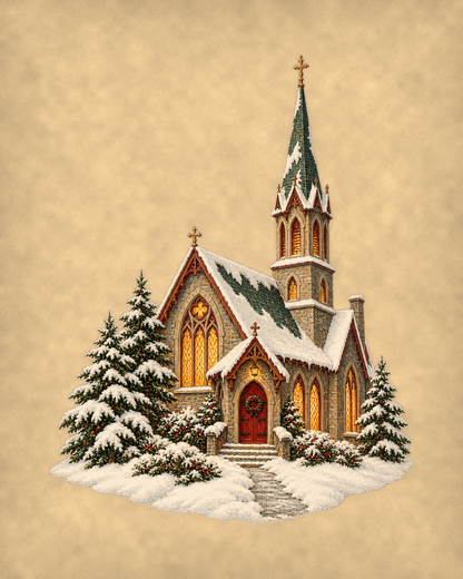 Vintage Christmas country church flat art on warm parchment