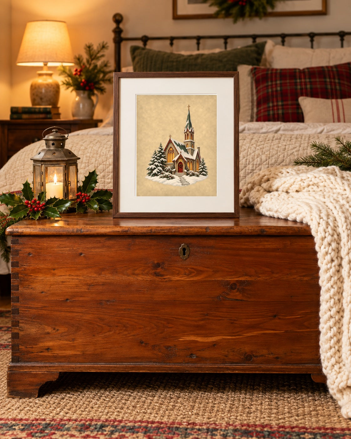 Vintage Christmas country church print framed on a cedar chest at the foot of a bed