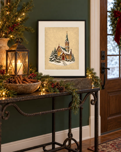 Vintage Christmas country church print framed on an entryway console with a lantern