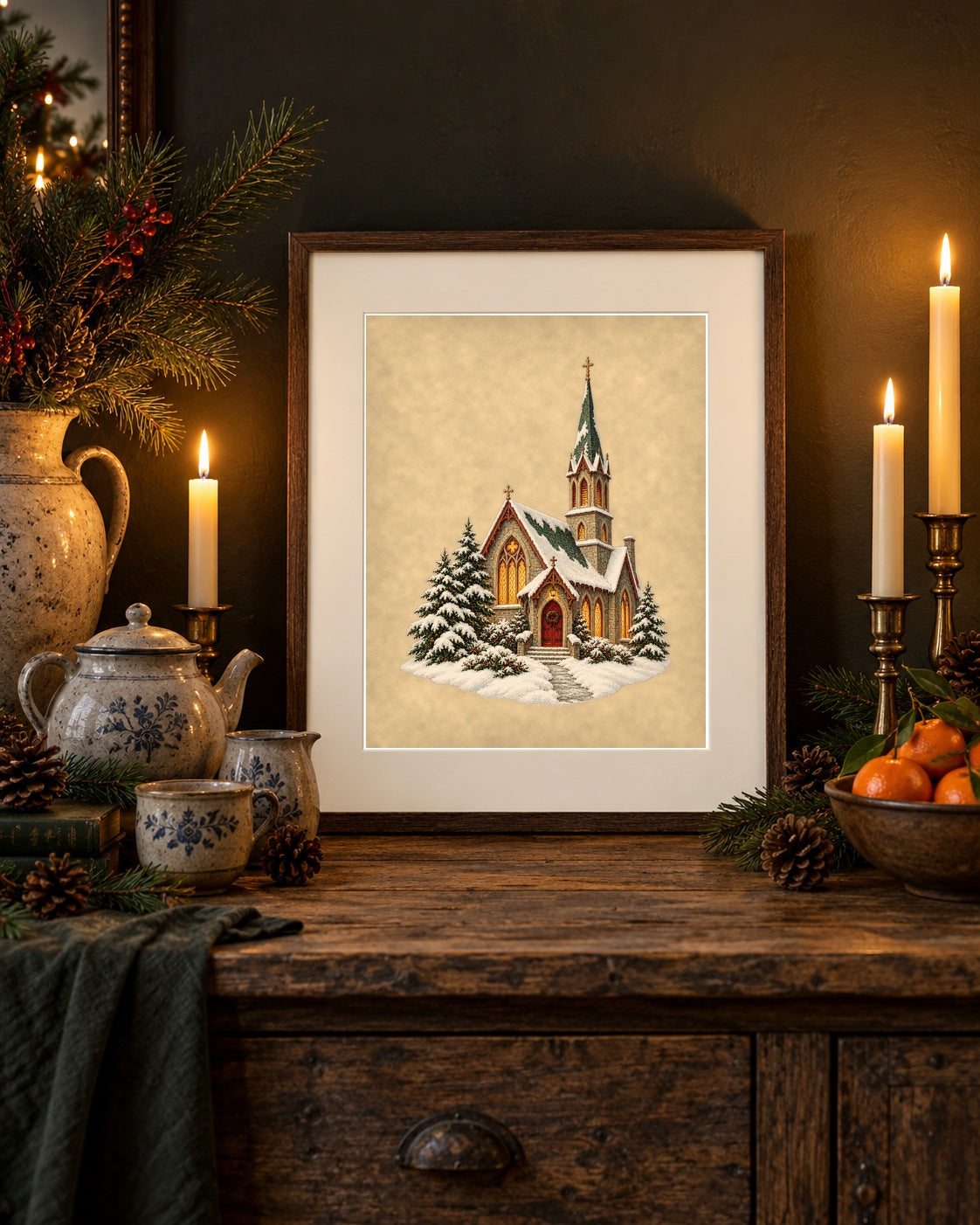 Vintage Christmas country church print framed on a rustic barnwood sideboard with candles
