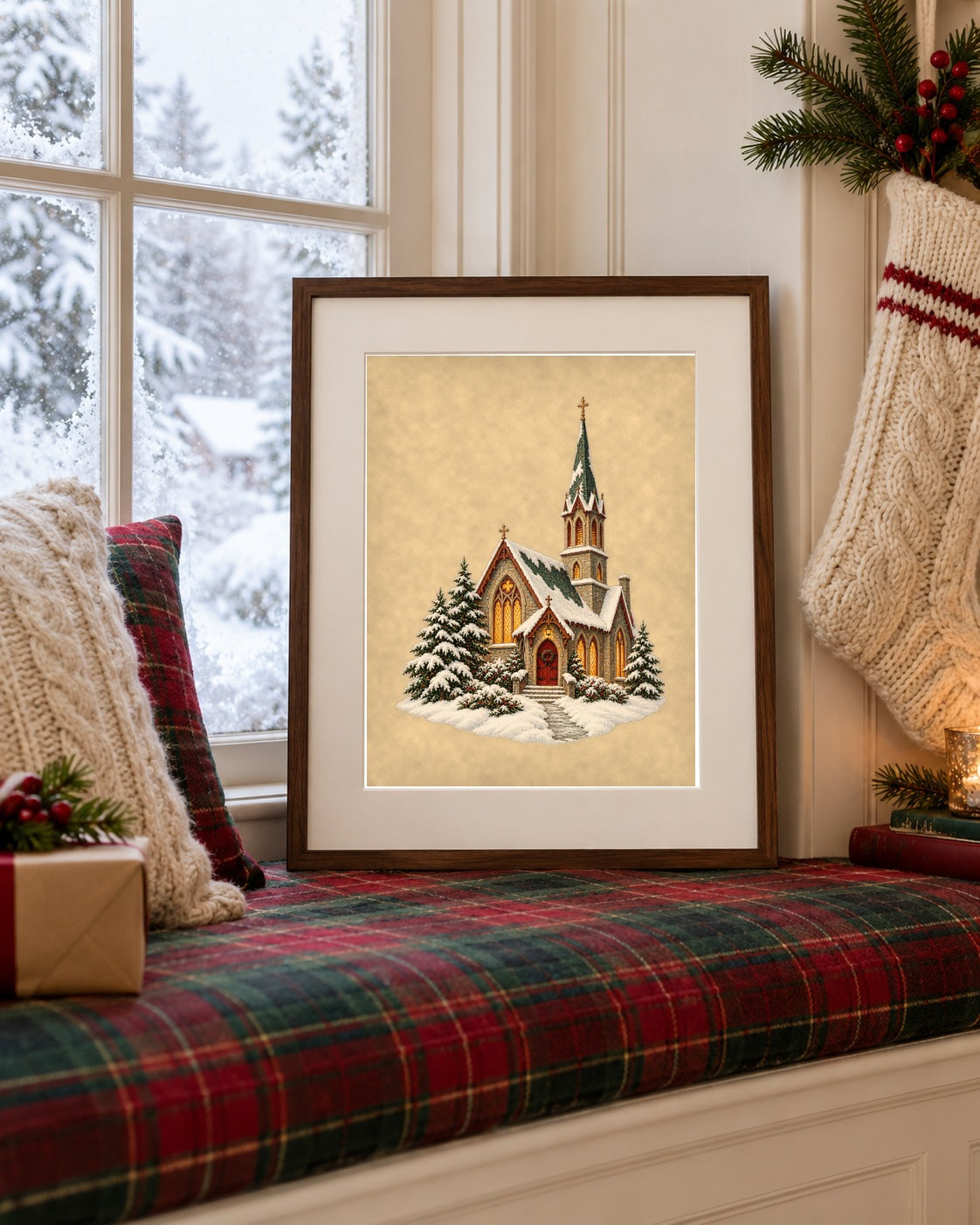 Vintage Christmas country church print framed on a plaid window seat