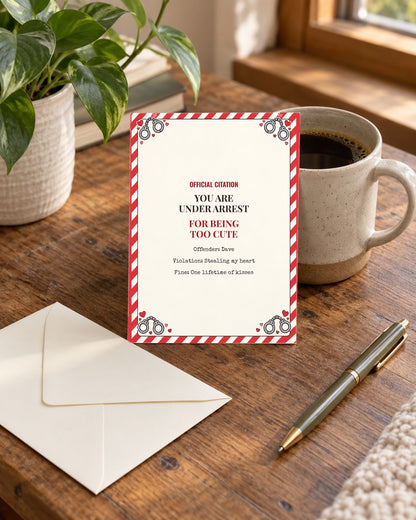 Anniversary citation card on a wooden desk with envelope and coffee