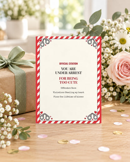 Funny anniversary citation card beside a wrapped gift and flowers