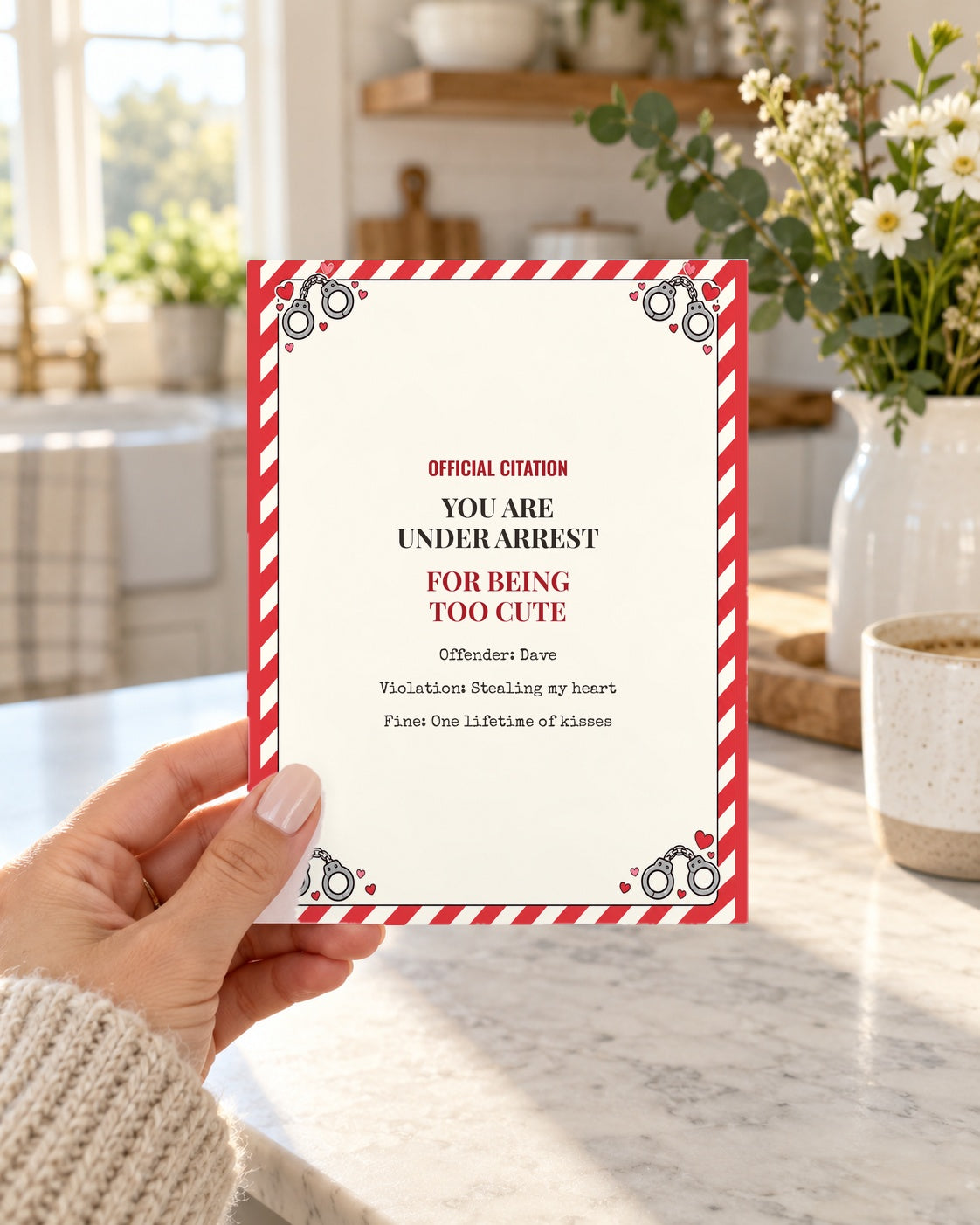 Hand holding the funny anniversary citation card in a kitchen