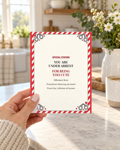 Hand holding the funny anniversary citation card in a kitchen