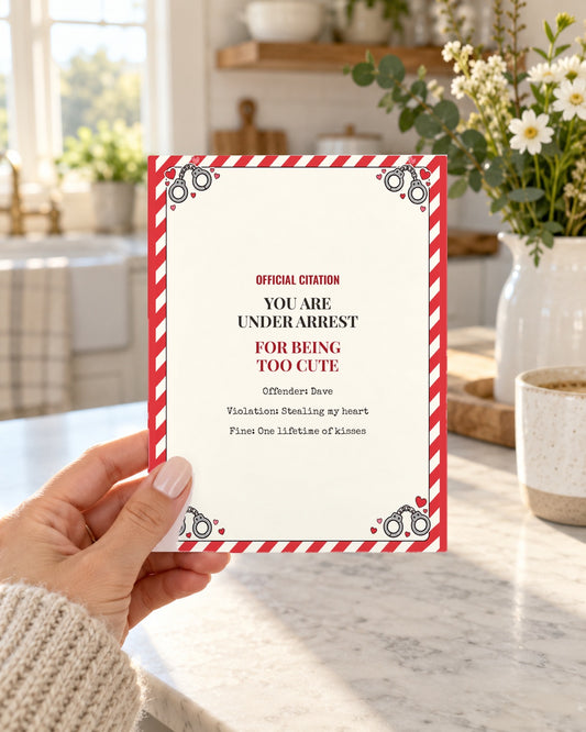 Hand holding the funny anniversary citation card in a kitchen