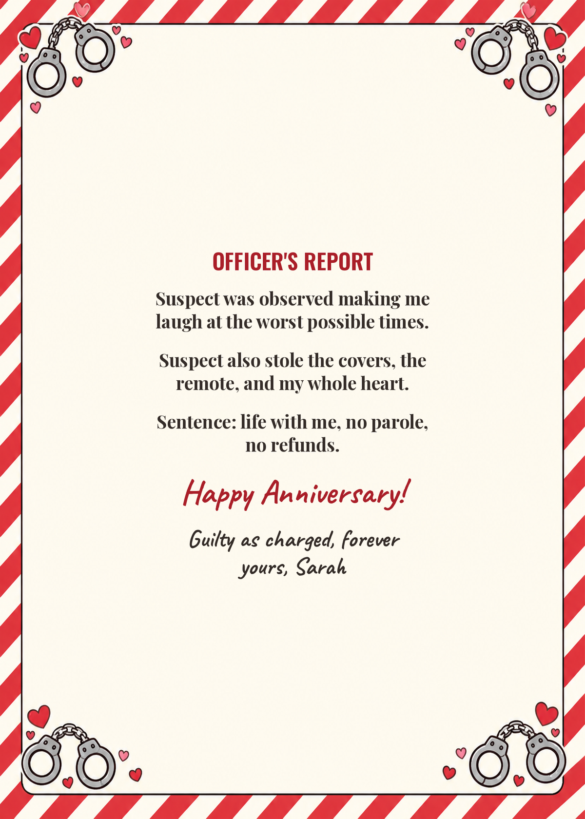 Inside of the anniversary citation card with funny officer's report and sign-off