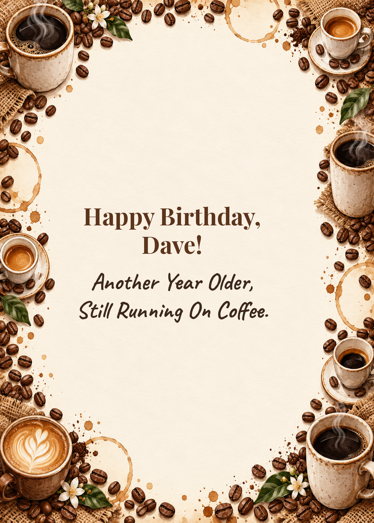 Card cover: Happy Birthday, Another Year Older, Still Running On Coffee