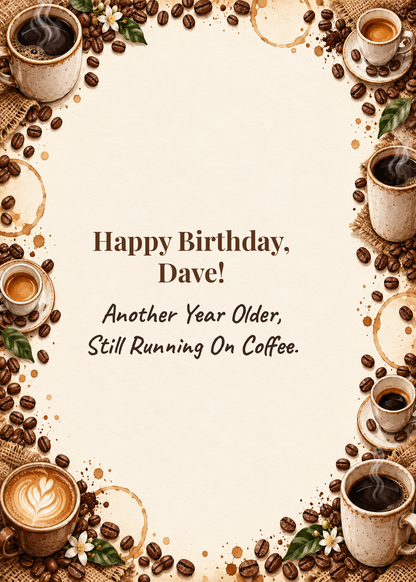 Card cover: Happy Birthday, Another Year Older, Still Running On Coffee