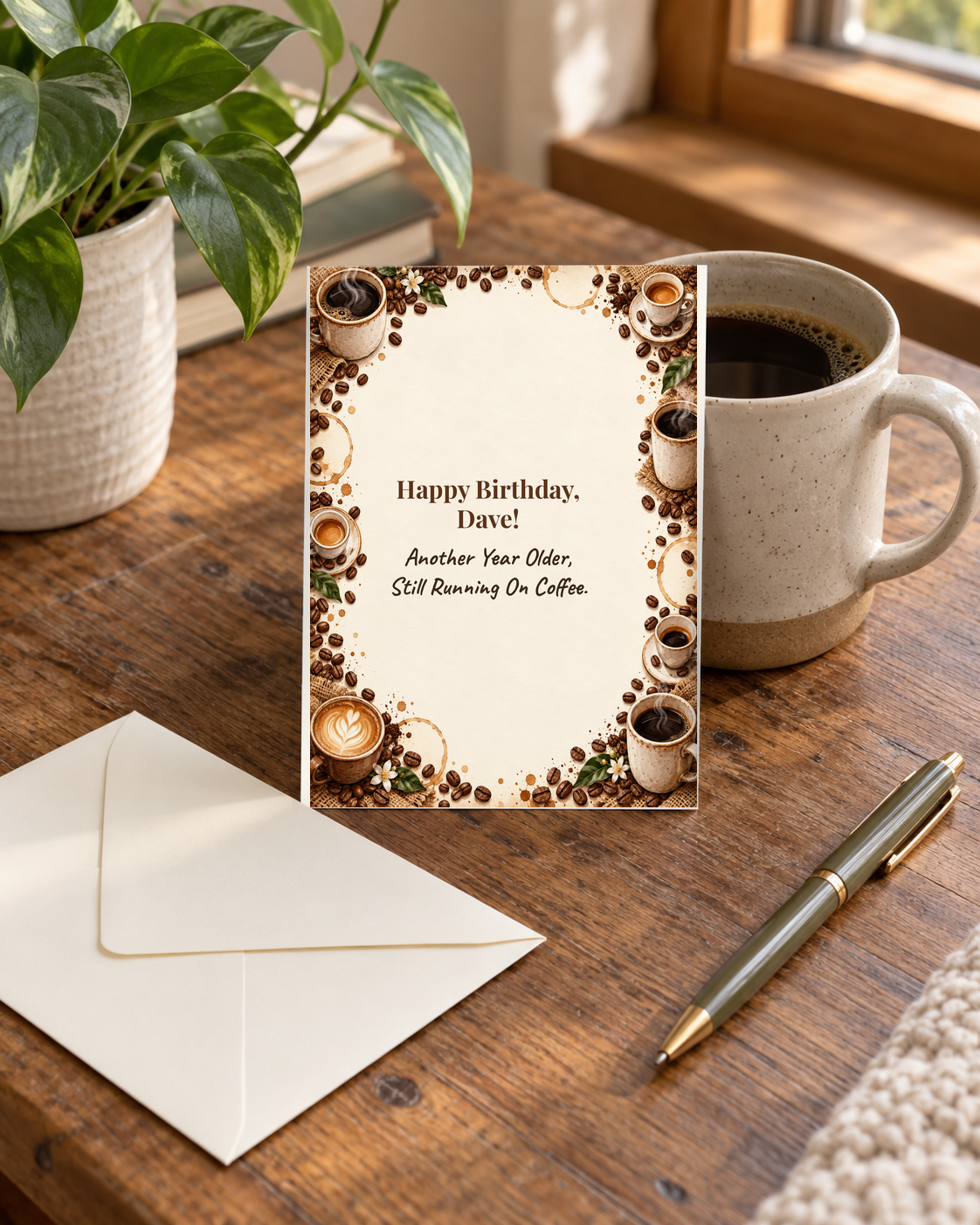 Funny coffee birthday card on desk with envelope and pen