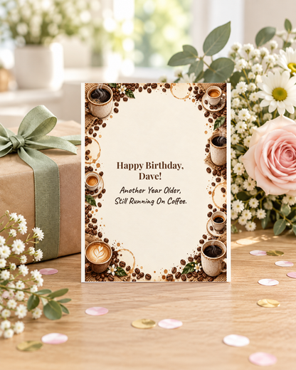 Funny coffee birthday card styled with a wrapped gift and flowers