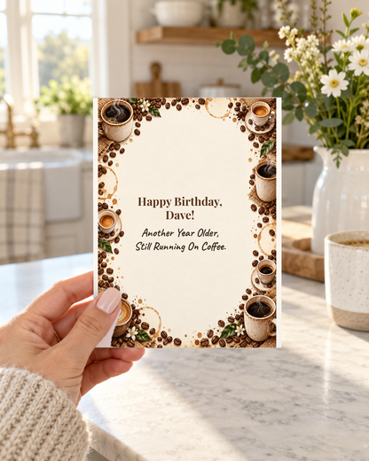 Hand holding funny coffee lover birthday card