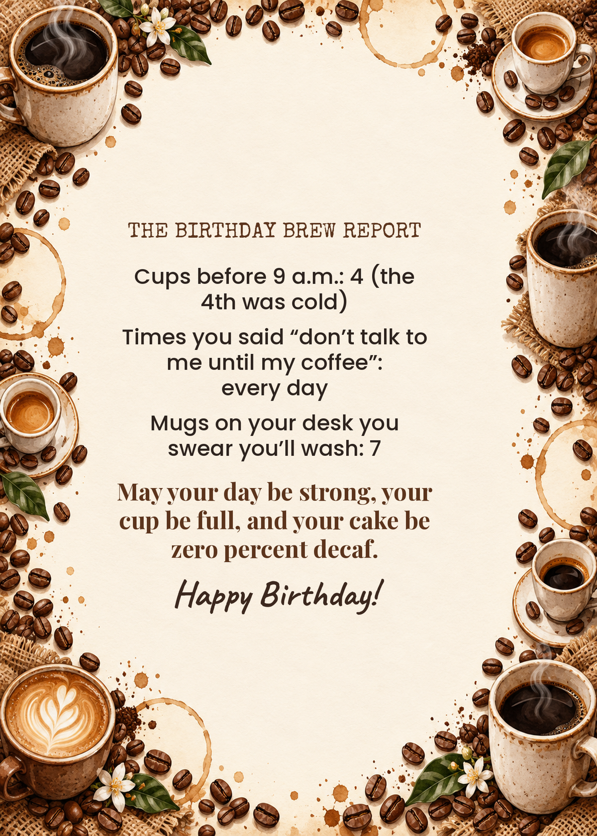 Card inside: the birthday brew report with funny coffee stats