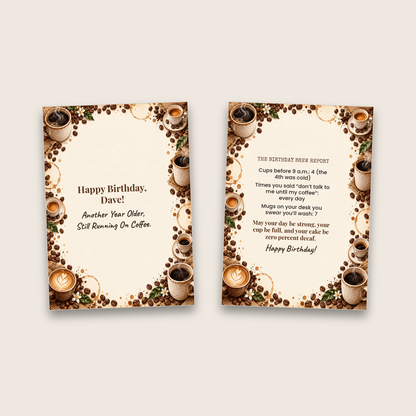 Coffee birthday card cover and inside side by side