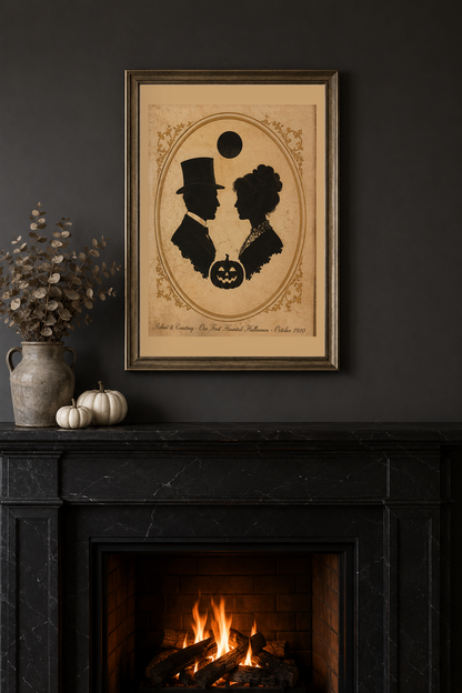 Our First Haunted Halloween personalized 8x10 print in a bronze frame on a charcoal wall above a black marble fireplace mantel with dried eucalyptus, white pumpkins and a lit fire