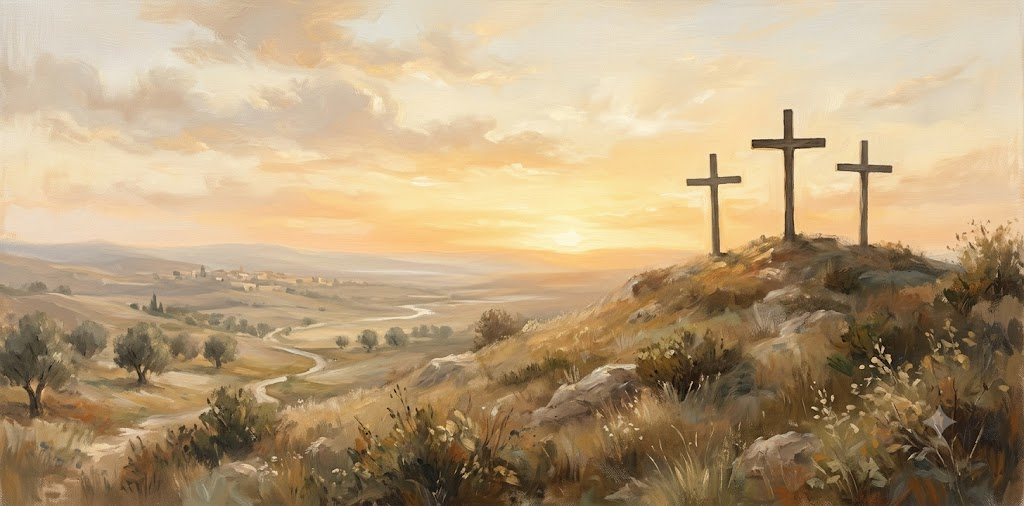 Three crosses at Calvary sunrise Christian fine-art