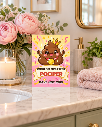 Funny poop card standing on a pretty bathroom vanity with peonies