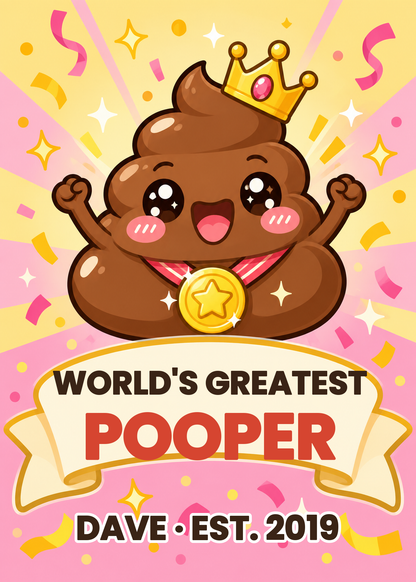 Cute poop emoji wearing a crown on a funny personalized World's Greatest Pooper birthday card