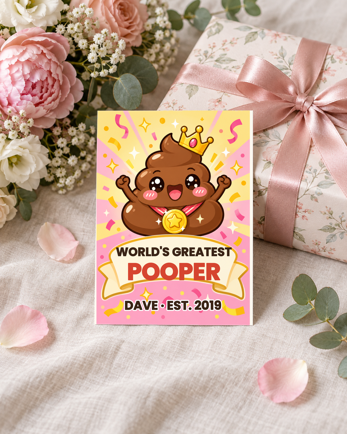 World's Greatest Pooper card beside a pink wrapped gift and flowers