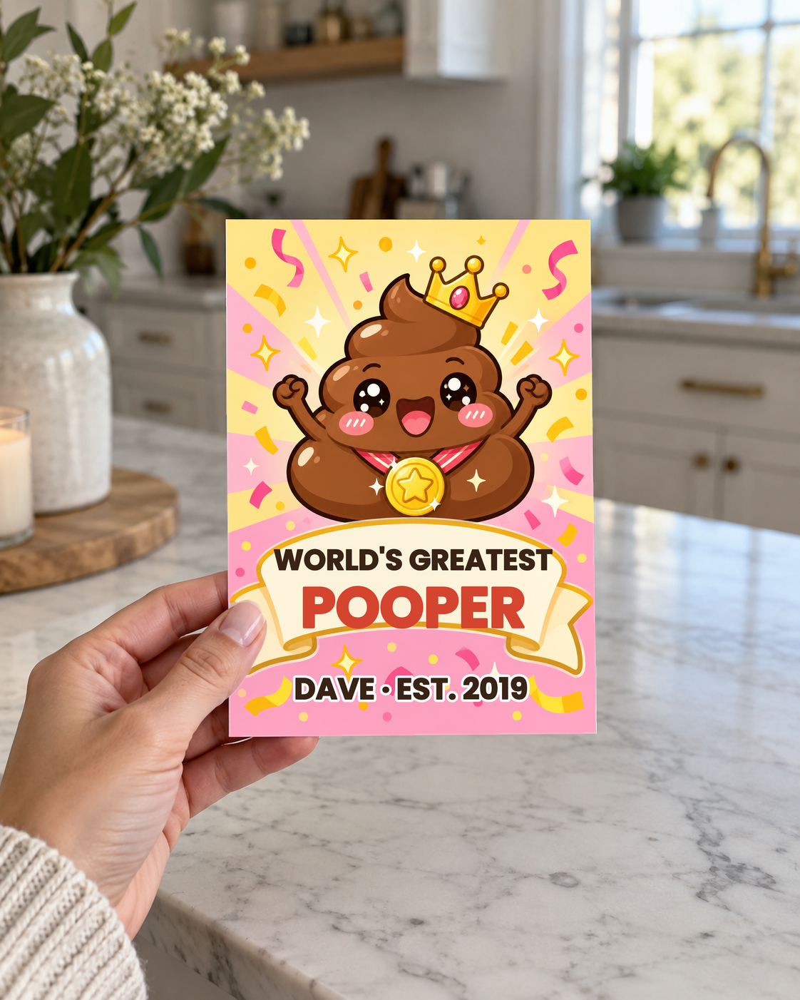 Hand holding the World's Greatest Pooper card in a kitchen