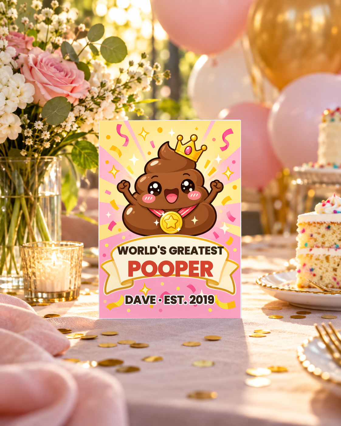 World's Greatest Pooper card on a birthday party table with balloons and cake