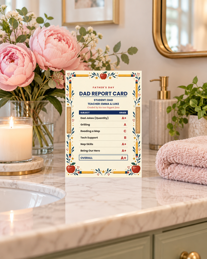 Dad report card on a pretty vanity with peonies