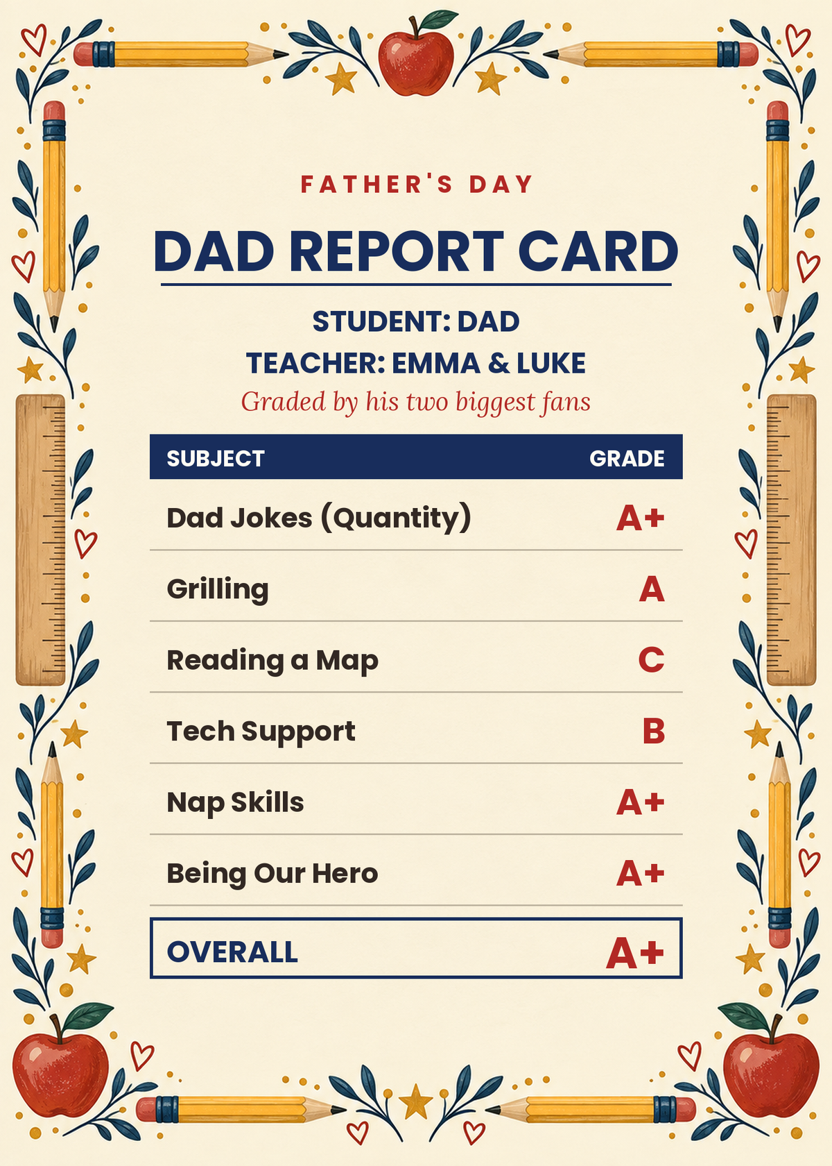 Dad Report Card funny personalized Father's Day card graded by the kids