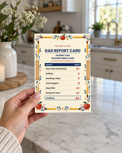 Hand holding the dad report card in a kitchen