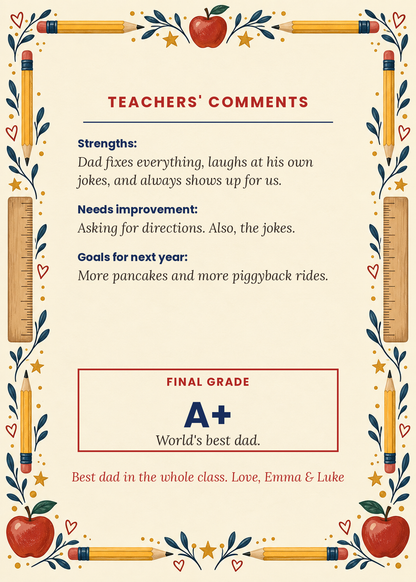 Inside: teachers' comments and final grade A+