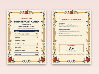 Dad report card cover and teachers' comments inside