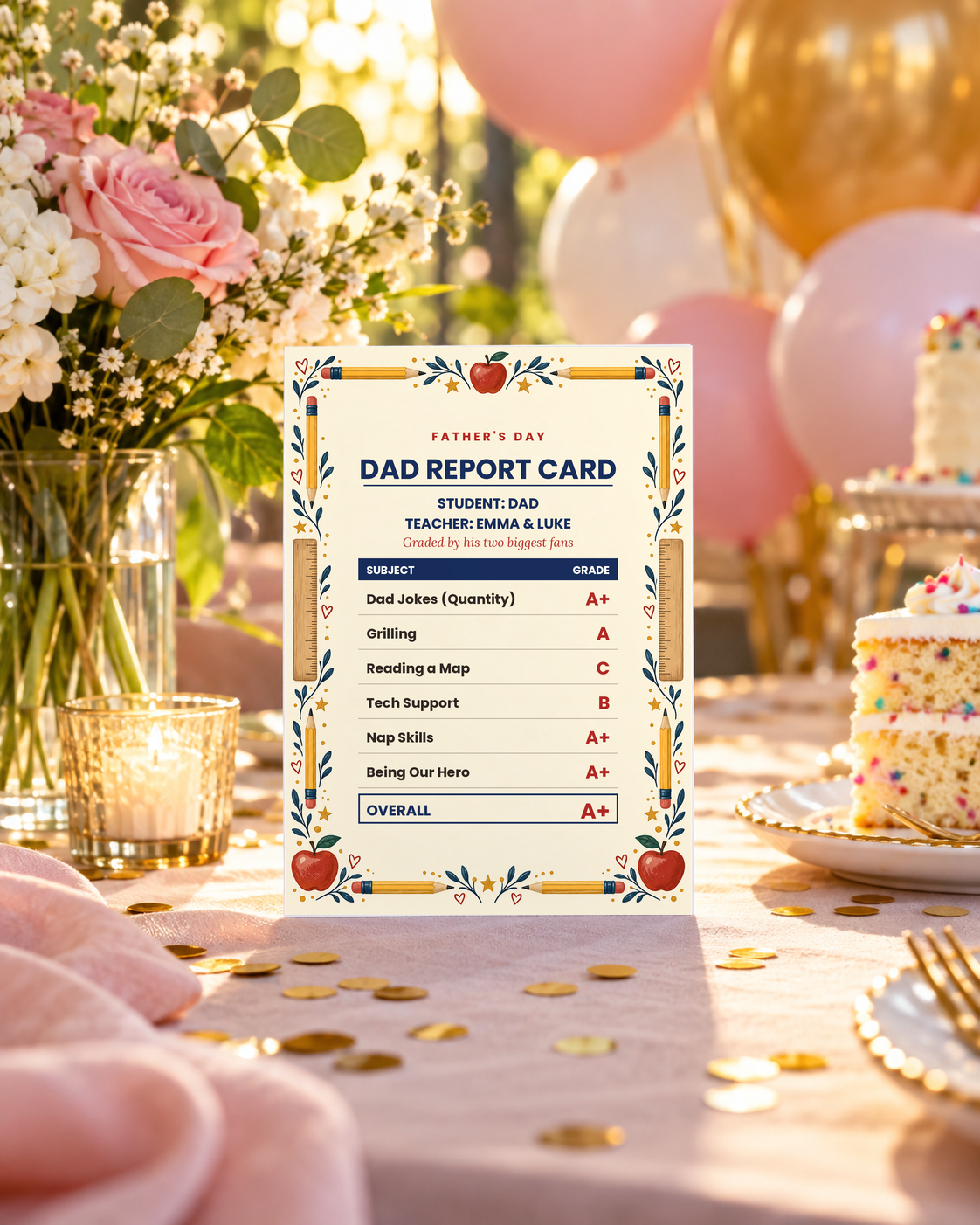 Dad report card on a celebration table