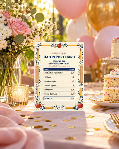 Dad report card on a celebration table